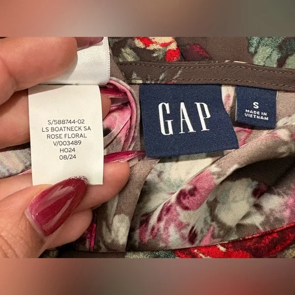 GAP Womens Satin Floral Long Sleeve Dress - Brown with Pink & Red Roses Size S - Picture 7 of 10
